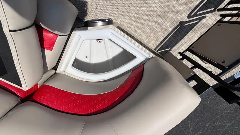 Slide: The Image of Luxurious seating on 2025 JC NEPTOON 27TT SPORT boat with red and gray upholstery. - 6