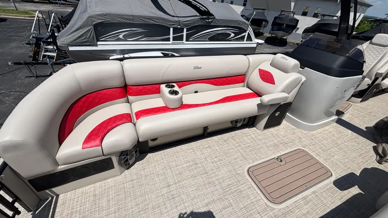 Slide: The Image of Luxurious seating on 2025 JC NEPTOON 27TT SPORT pontoon boat with red and beige upholstery. - 4