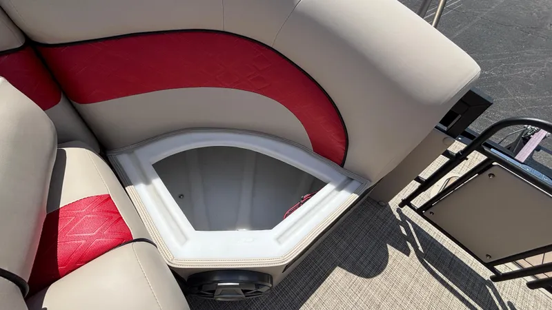 Slide: The Image of Interior seating storage of 2025 JC NEPTOON 27TT SPORT boat with red and beige upholstery. - 7