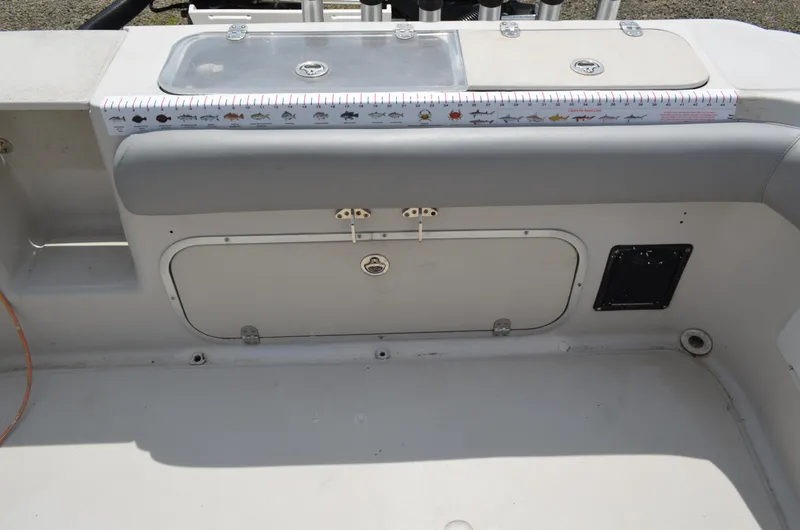 Slide: The Image of 2005 Glasstream 328 SCX boat interior with storage compartment and fish identification chart. - 19