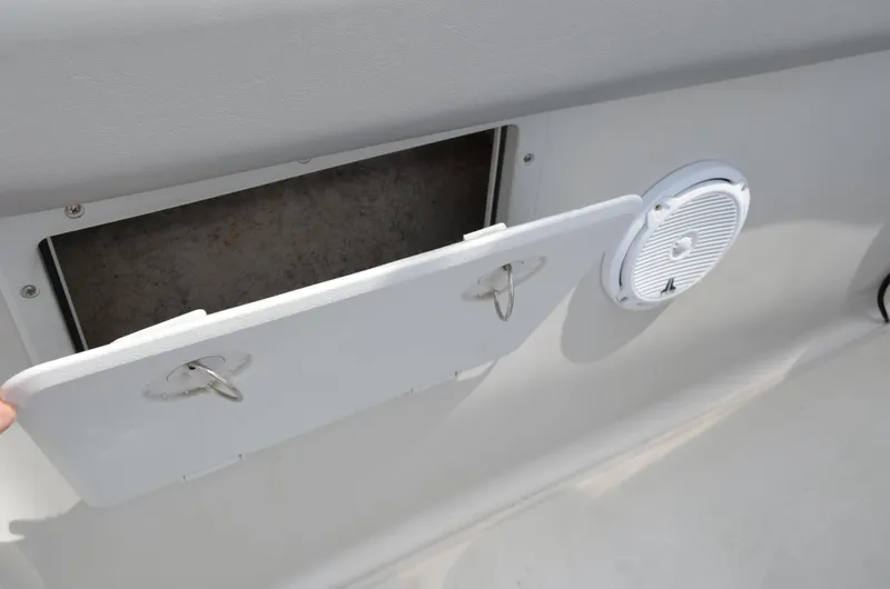 Slide: The Image of Open storage compartment and speaker on 2005 Glasstream 328 SCX boat. - 36