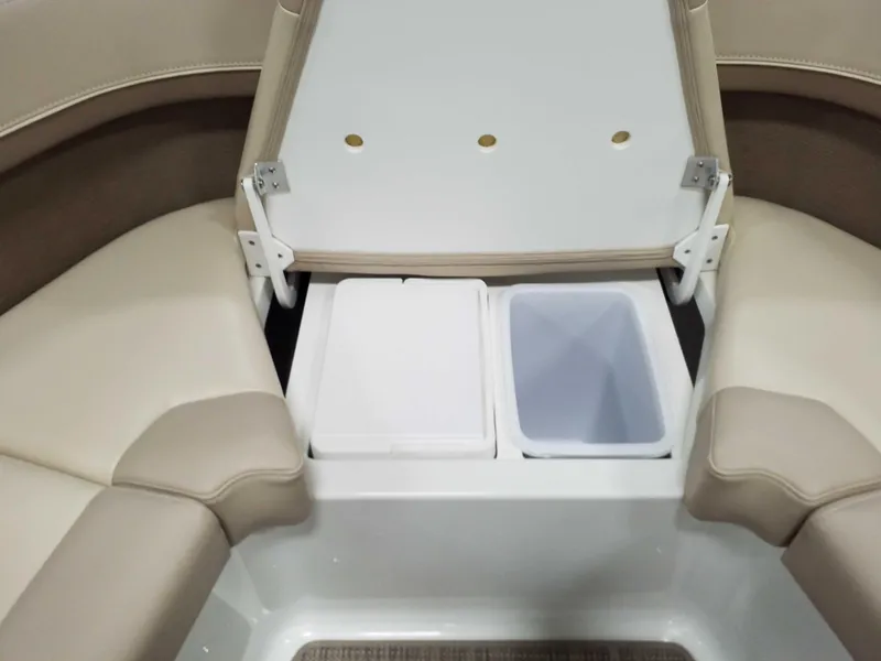 Slide: The Image of 2019 Formula 350 Crossover Bowrider OB interior storage compartments with beige seating. - 32