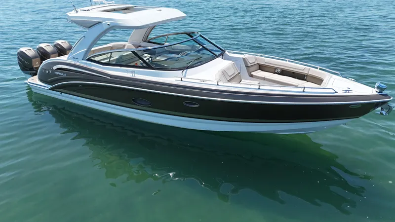 Slide: The Image of 2019 Formula 350 Crossover Bowrider OB on calm water, showcasing sleek design and triple outboard engines. - 48