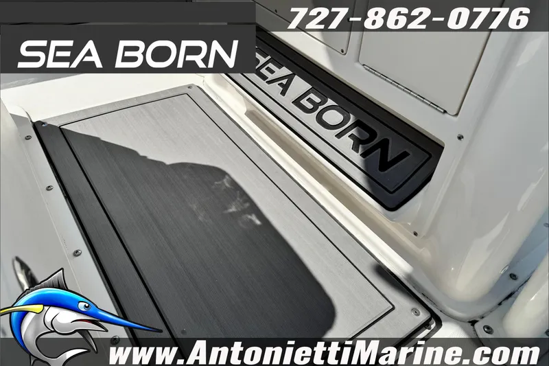 Slide: The Image of 2025 Sea Born LX24 Center Console boat detail with branding and contact information. - 15