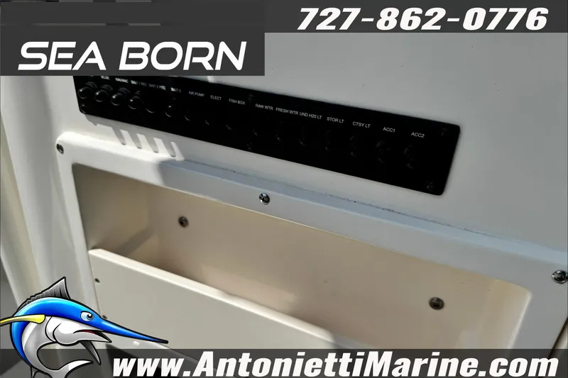 Slide: The Image of 2025 Sea Born LX24 Center Console dashboard with control panel, featuring Antonietti Marine branding. - 16
