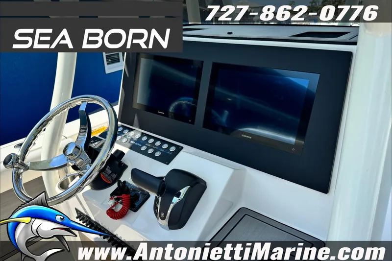 Slide: The Image of 2025 Sea Born LX24 Center Console dashboard with dual screens and steering wheel. - 18