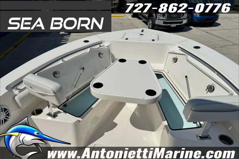 Slide: The Image of 2025 Sea Born LX24 Center Console boat interior with seating and table, Antonietti Marine. - 29