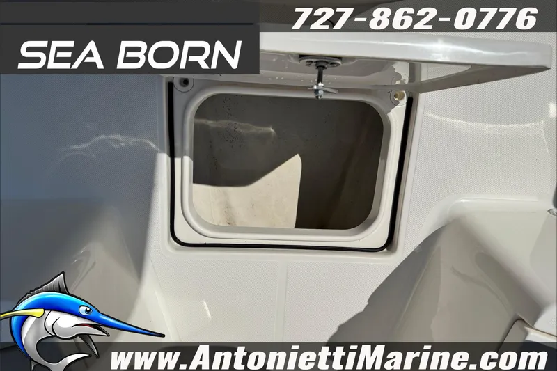 Slide: The Image of 2025 Sea Born LX24 Center Console boat storage compartment, Antonietti Marine branding. - 32