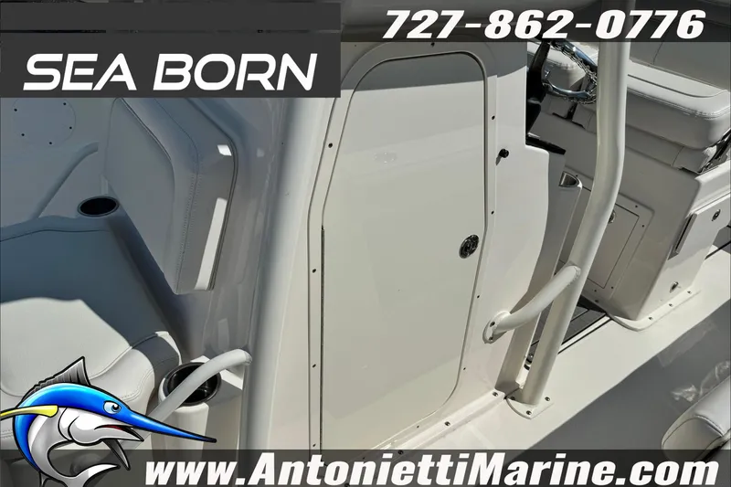 Slide: The Image of 2025 Sea Born LX24 Center Console boat interior with seating and console details. - 38