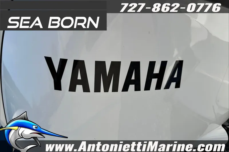 Slide: The Image of 2025 Sea Born LX24 Center Console with Yamaha engine branding, Antonietti Marine contact details. - 47