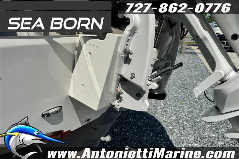 Slide: The Image of 2025 Sea Born LX24 Center Console boat detail with contact information and website. - 49