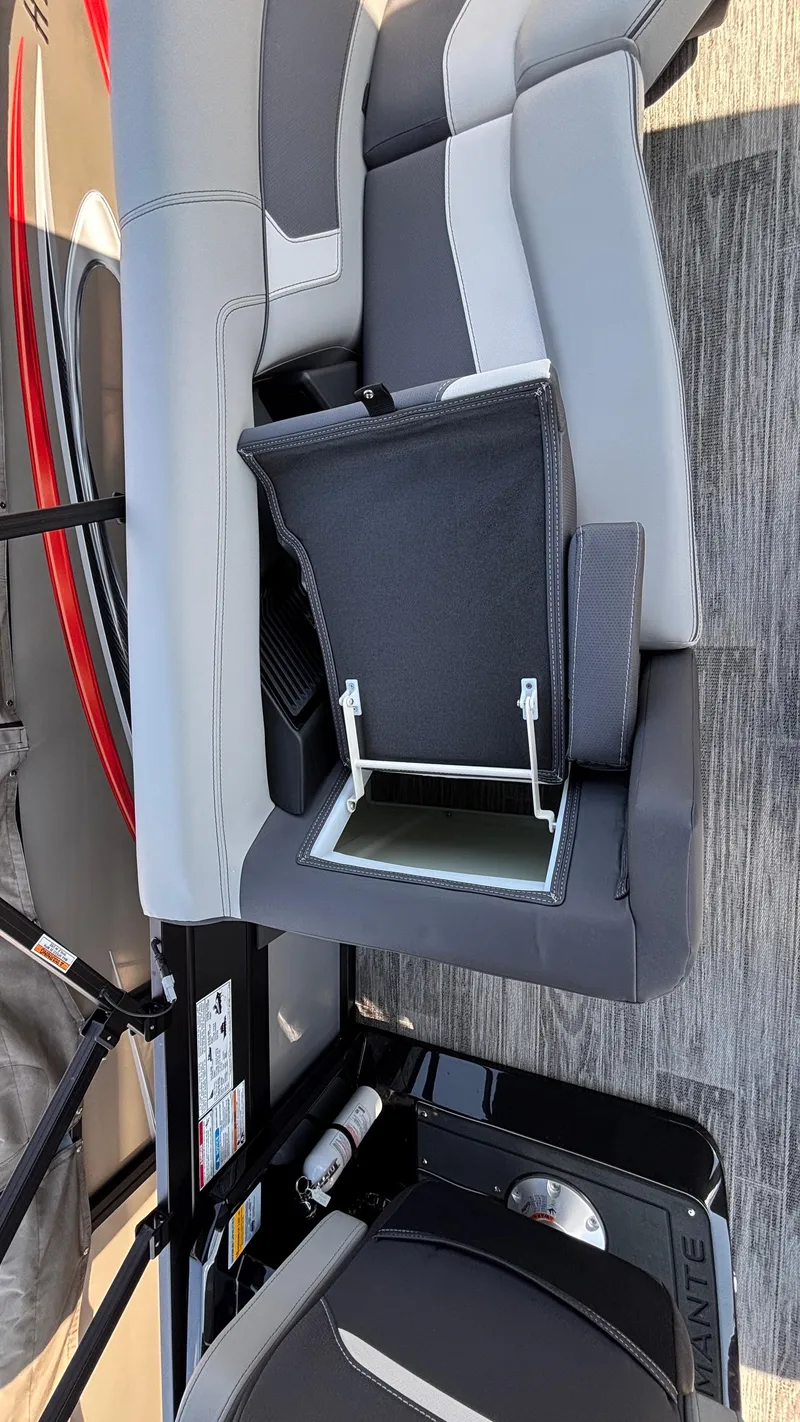 Slide: The Image of 2025 Viaggio Diamante D26U boat seat with storage compartment, featuring sleek gray and black design. - 14