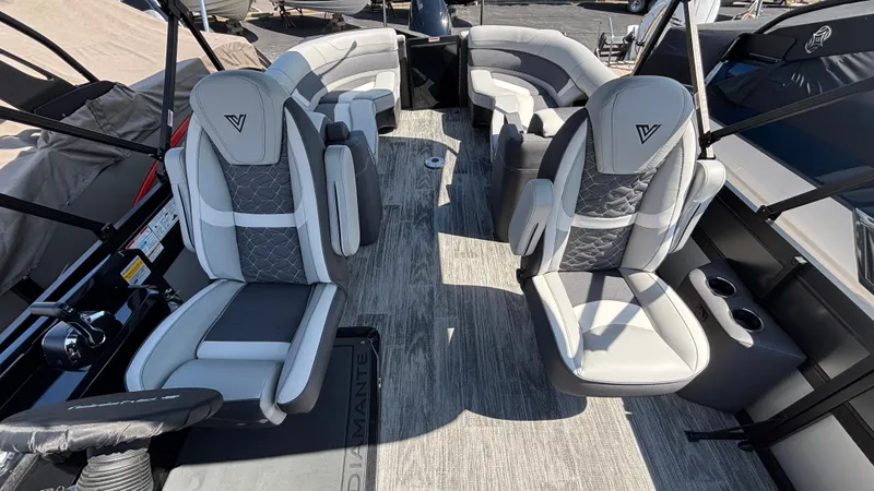 Slide: The Image of Interior of 2025 Viaggio Diamante D26U boat with luxurious seating and modern design. - 19