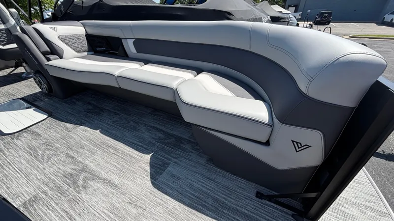 Slide: The Image of Luxurious seating in the 2025 Viaggio Diamante D26U boat, featuring sleek gray upholstery. - 5
