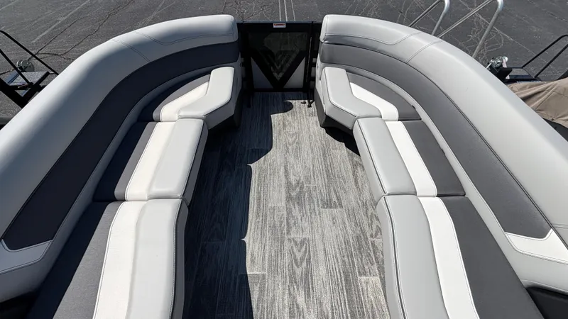 Slide: The Image of Luxurious seating on 2025 Viaggio Diamante D26U boat, featuring sleek gray and white upholstery. - 7