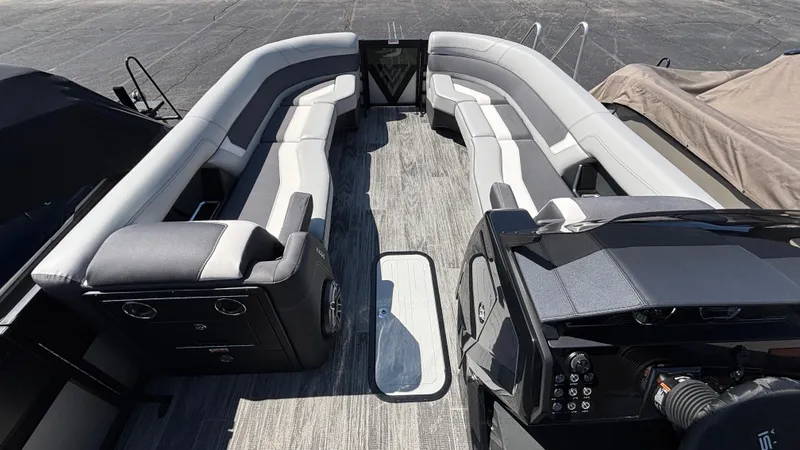 Slide: The Image of Luxurious 2025 Viaggio Diamante D26U boat interior with sleek seating and modern dashboard. - 8