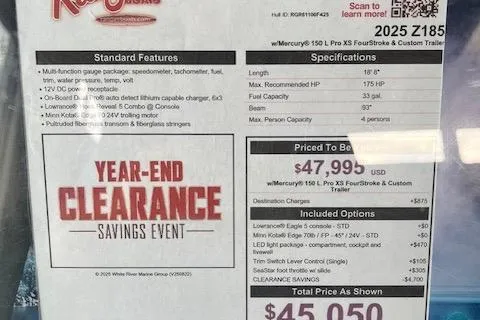 Slide: The Image of Year-end clearance event for 2025 Ranger Z185 boat, priced at $45,050 with included options. - 73