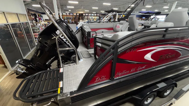 Slide: The Image of 2025 JC Neptoon 25TT Sport pontoon boat with Suzuki engine in showroom. - 27