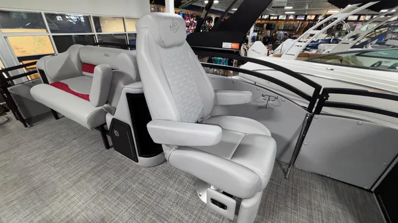 Slide: The Image of Luxury seating on 2025 JC Neptoon 25TT Sport pontoon boat, featuring modern design and comfort. - 16