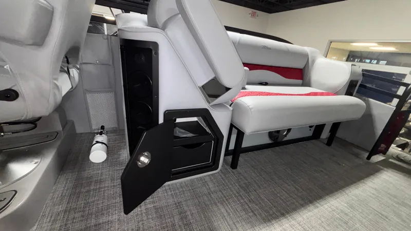 Slide: The Image of Interior of 2025 JC Neptoon 25TT Sport boat with modern seating and storage. - 26