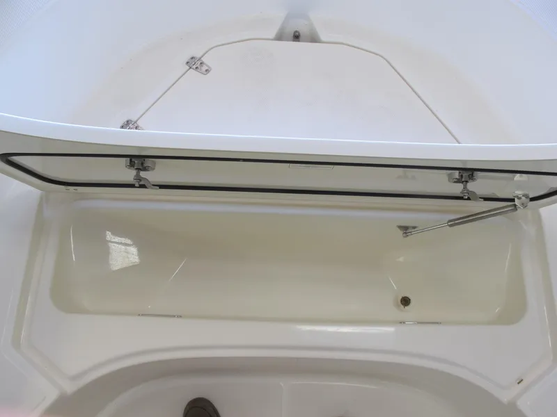 Slide: The Image of 2018 Boston Whaler 170 Montauk storage compartment with open lid. - 8