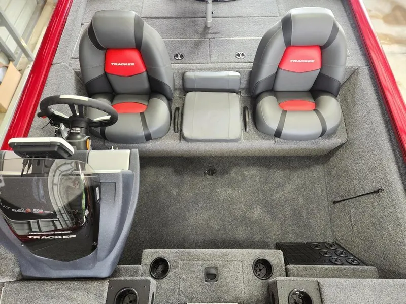 Slide: The Image of 2025 Tracker Pro Team™ 195 Tournament Edition boat interior with dual seats and steering console. - 10