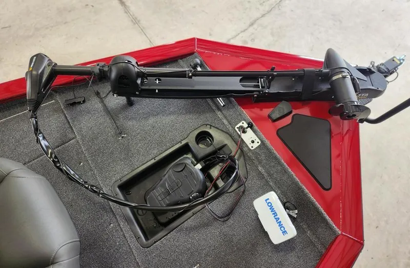 Slide: The Image of 2025 Tracker Pro Team™ 195 Tournament Edition boat deck with trolling motor and Lowrance equipment. - 7