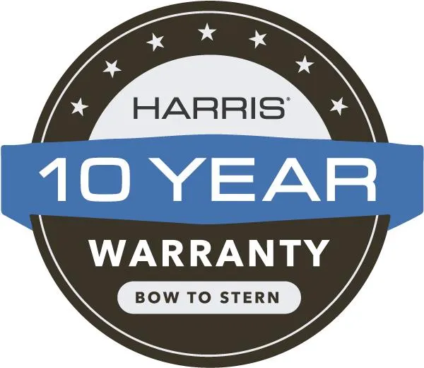 Slide: The Image of Harris Sunliner 230 2025, 10-year warranty badge, bow to stern coverage. - 21