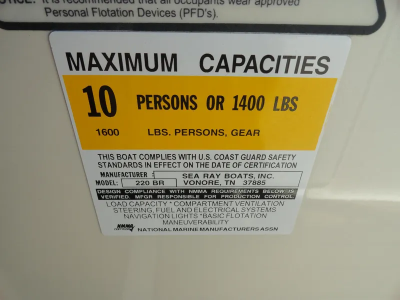 Slide: The Image of Capacity label for 2002 Sea Ray 220 Bow Rider, max 10 persons or 1400 lbs. - 12