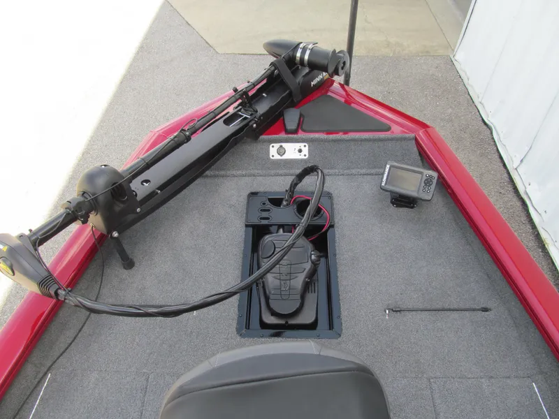 Slide: The Image of 2019 Tracker Pro Team 190 TX Tournament Edition boat deck with trolling motor and fish finder. - 8