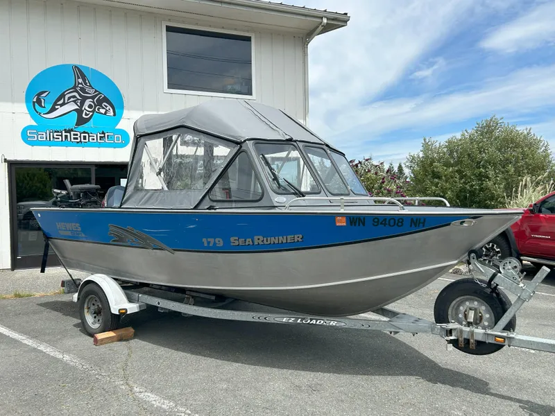 Slide: The Image of 1999 Hewescraft Sea Runner 179 boat on trailer at Salish Boat Co. - 1
