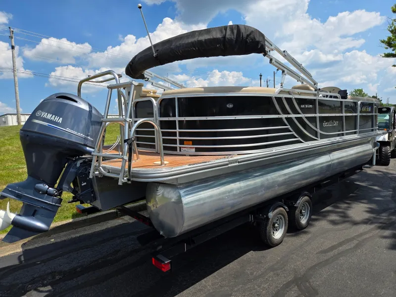 Slide: The Image of 2014 South Bay 522 E pontoon boat with Yamaha outboard motor on trailer. - 3