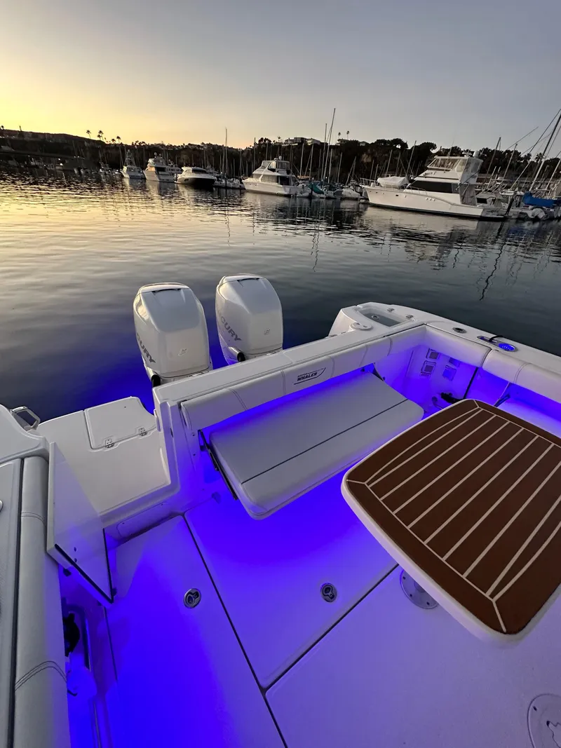 Slide: The Image of 2014 Boston Whaler 315 Conquest boat at sunset, featuring blue deck lighting. - 17