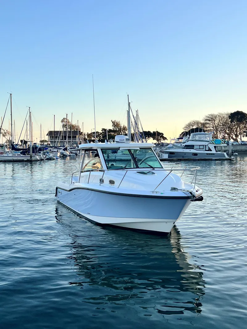 Slide: The Image of 2014 Boston Whaler 315 Conquest boat in a marina at sunset. - 3
