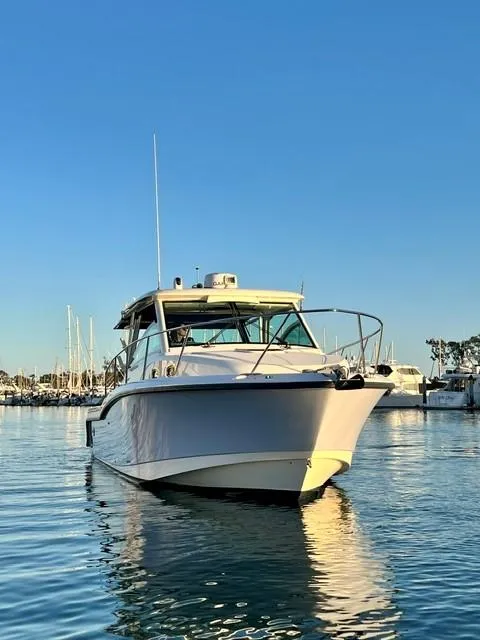 Slide: The Image of 2014 Boston Whaler 315 Conquest boat on calm water, clear sky background. - 5