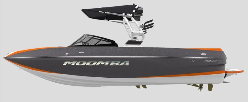 Slide: The Image of 2018 Moomba Mojo boat with sleek black and orange design. - 26