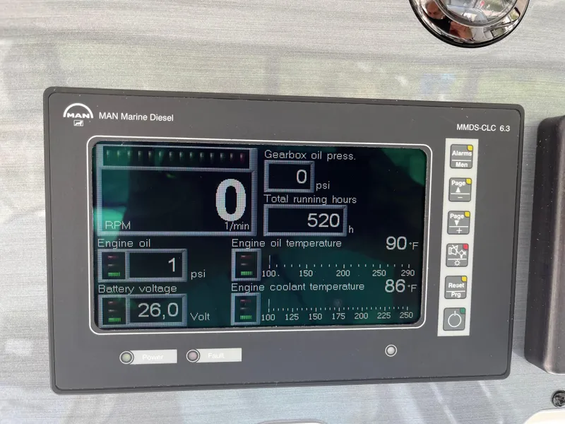 Slide: The Image of Display panel of a 2008 Sea Ray 58 Sedan showing engine diagnostics and running hours. - 27