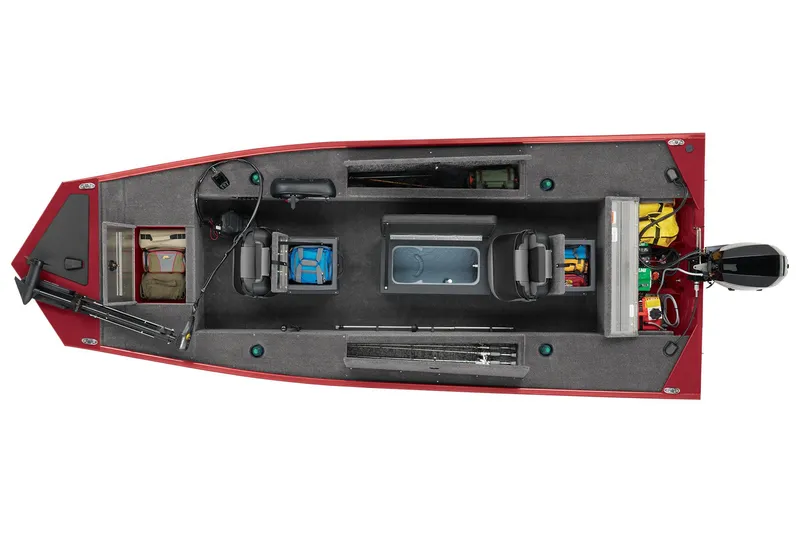 Slide: The Image of 2025 Tracker Panfish 17 boat interior with open storage compartments and seating. - 4