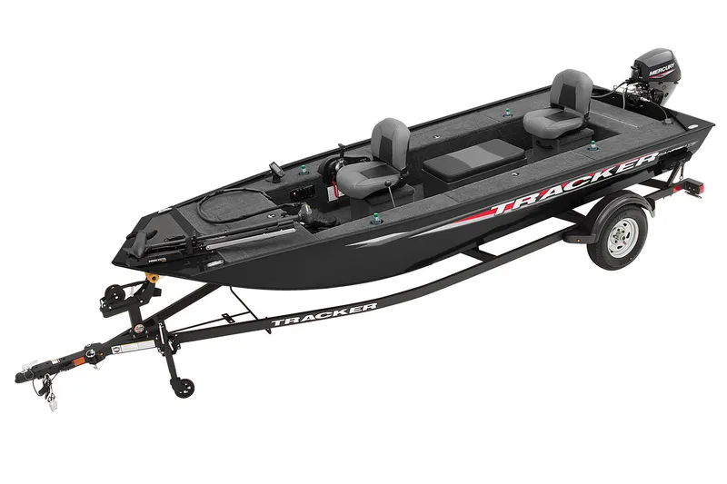Slide: The Image of 2025 Tracker Panfish 17 boat interior with storage compartments and seating, outdoors. - 5