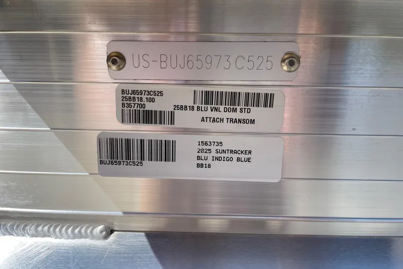 Slide: The Image of 2025 Sun Tracker Bass Buggy 18 DLX identification plate with serial numbers and specifications. - 94