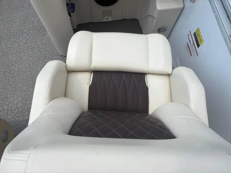 Slide: The Image of Luxurious Lexington 321 boat seat, 2021 model, featuring white and brown leather upholstery. - 13