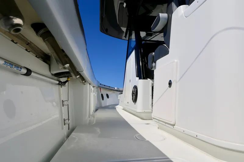 Slide: The Image of 2018 Yellowfin 39 boat interior with sleek white design and modern features. - 30