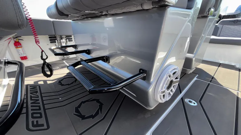 Slide: The Image of Interior of 2025 Fountain 34 SC boat with seating and safety features. - 13