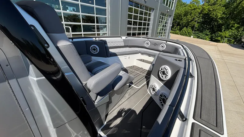 Slide: The Image of 2025 Fountain 34 SC boat interior with modern seating and speaker system. - 46