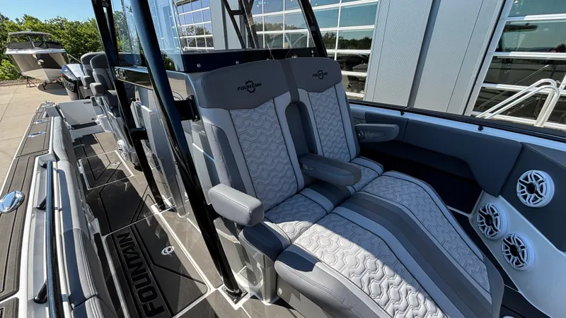 Slide: The Image of 2025 Fountain 34 SC boat interior with luxurious seating and modern design. - 47