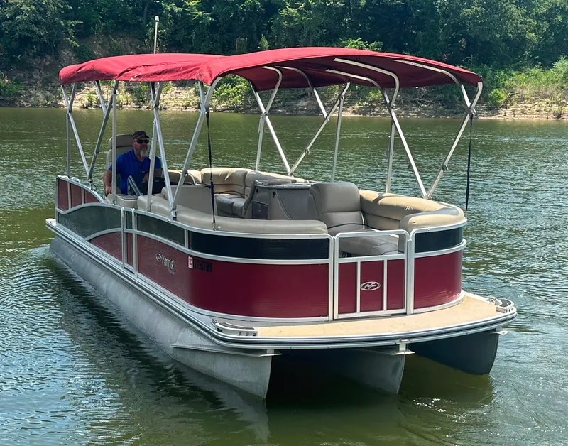 Slide: The Image of 2012 Harris FloteBote Grand Mariner SEL 250 pontoon boat on a calm lake. - 10