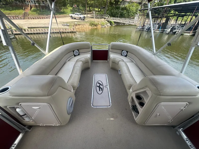 Slide: The Image of 2012 Harris FloteBote Grand Mariner SEL 250 interior with spacious seating and lake view. - 12