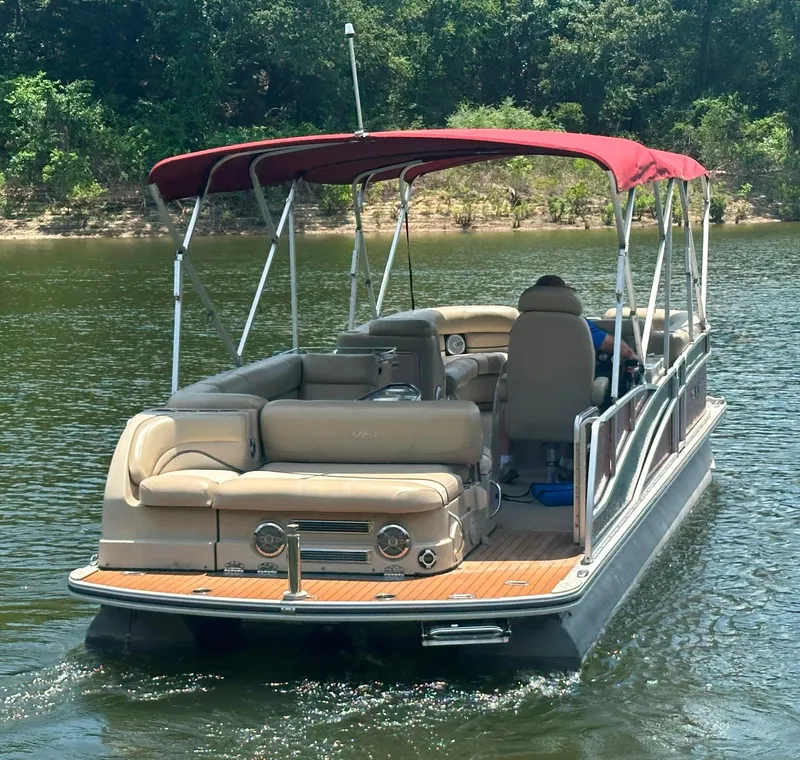 Slide: The Image of 2012 Harris FloteBote Grand Mariner SEL 250 pontoon boat on a calm lake. - 5