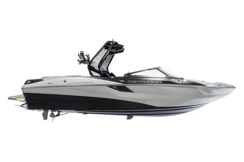 Slide: The Image of Manufacturer Provided Image: 2023 Centurion Fi23 boat, side view, sleek design, black and silver color. - 21