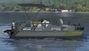 The Image of 2025 Sea-Doo Switch Fish 21 pontoon boat on a serene lake. - 0